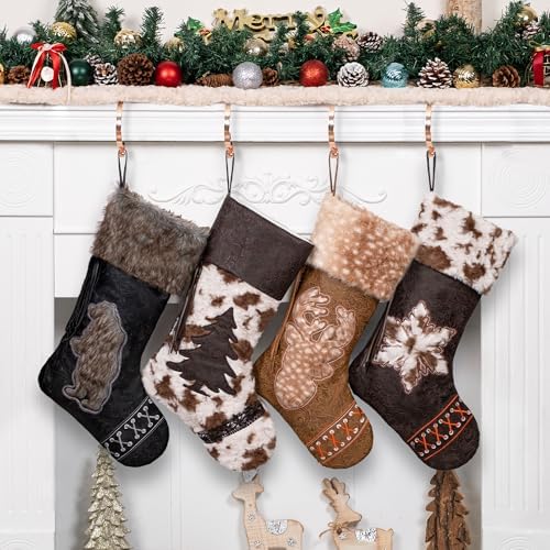 LUBOT Christmas Stockings Set of 4, Western Cowboy 20" Rustic Farmhouse Fireplace Hanging Décor Neutral Embossed Leather & Plush Faux Fur with Tassel Accents Large Family Xmas Stockings by LUBOT