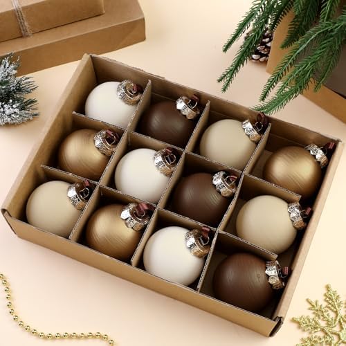 24 Pcs Neutral Christmas Ornament 2.36'' Textured Tree Decor,Coffee - Image 2