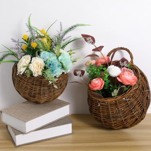 DOITOOL 2PCS Woven Hanging Wall Basket Rattan Wall Planter, Wicker Handmade Baskets Rustic Flower Pots Plant Containers for Garden Home Storage Flowers Hanging Planters - Image 2