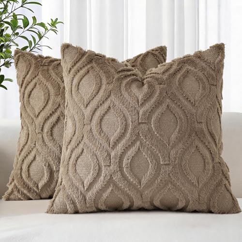decorUhome Faux Fur Soft Light Brown Throw Pillow Covers 26x26 Set of 2 by decorUhome