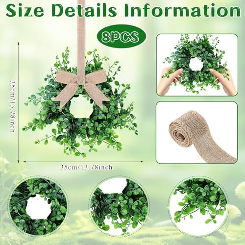8 Pcs Mini Boxwood Wreath Green Table Centerpieces Spring Pillars Candle Rings Wreaths 9 Inch Wreath for Cabinets Farmhouse Wreaths with Ribbon for Front Door Porch Wall Window Decorations - Image 3