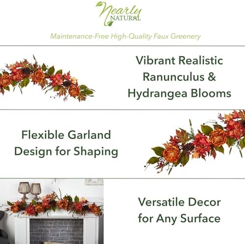 Nearly Natural 6ft. Fall Ranunculus, Hydrangea and Berries Autumn Artificial Garland - Image 2