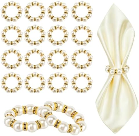 100 PCS Gold Pearl Napkin Rings, Imitation Pearl Ring Napkin Holder, Rhinestone Imitation Beaded Serviette Buckles for Wedding, Formal Dinners, Table Decor and Banquets by Unknown