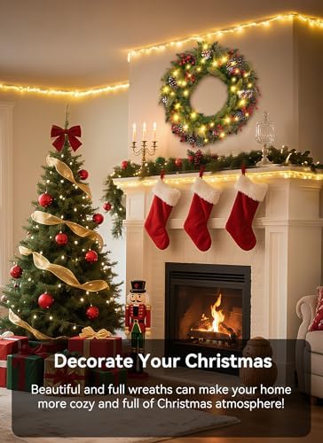 Brightown 24 Inch Pre-Lit Artificial Christmas Wreaths for Front Door,Christmas Decorations Indoor with Pine Cones & Berry Clusters, Christmas Wreath with 50 Lights for Fireplace Wall Window, Plug-in - Image 2