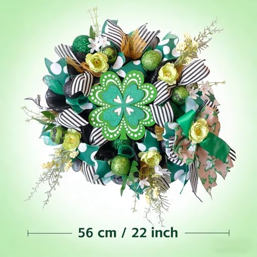 idyllic Irish Festival Aloe Green 22 Inch St Patricks Day Wreath, Four Leaf Clover Wood Sign with Green White Bow, Shamrock Decorations for Front Door Window Indoor Outdoor Holiday Decor - Image 2