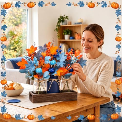 Rtteri 3 Pcs Blue and Orange Fall Mason Jar Centerpiece with Wood Tray - Image 3