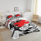 Mount Fuji Quilt Japanese Style Koi Fish Duvet Insert Ukiyo-E Theme Comforter Set Mountain Cherry Blossom Red Sun Ink Painting Down Comforter 3 Pieces with 2 Pillow Cases, King Size Black White - Image 2