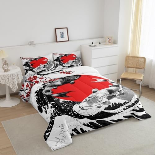 Mount Fuji Quilt Japanese Style Koi Fish Duvet Insert Ukiyo-E Theme Comforter Set Mountain Cherry Blossom Red Sun Ink Painting Down Comforter 3 Pieces with 2 Pillow Cases, King Size Black White - Image 2