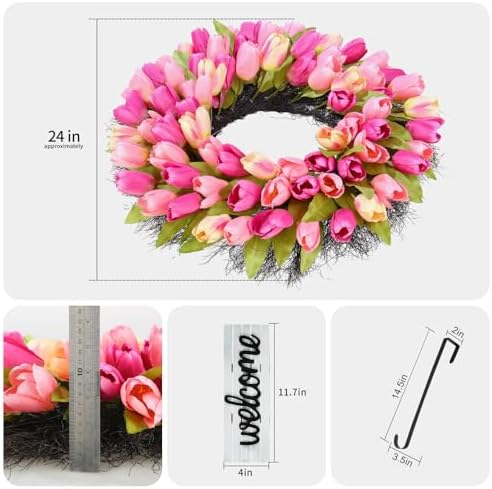 Wreaths, Tulip Wreath, 24 Inch Wreath for Front Door, Spring Wreaths with Metal Hanger, for Summer and Winter, Indoors,Outdoors, corridors, Offices. (Pink) - Image 2