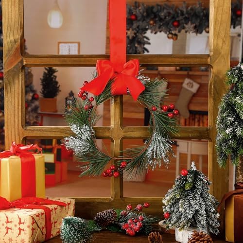 Crowye 12 Pcs Mini Christmas Wreaths Kitchen Cabinet Door, Red - Image 3