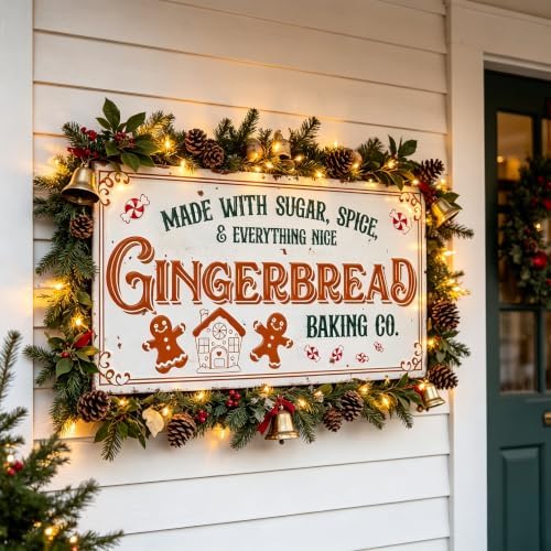 30" Vintage Metal Christmas Wall Sign - Gingerbread Baking Co. Rustic Wall Mount Holiday Decor Distressed Wall Hanging Iron Plaque Christmas Wall Art for Home Mantel Porch Bakery (White#2) - Image 3