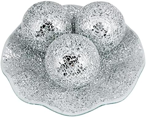 MDLUU Centerpiece Bowl and Balls Set, Mosaic Tray with 3 Pieces Spheres, 12" Decorative Plate with 4" Mosaic Orbs for Home Decor, Gift (Silver) - Image 2