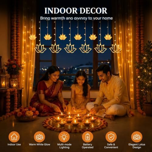 VIHOSE Diwali Lotus Curtain Light 9.84 FT 120 LED Indian Hanging Decor Home - Image 5