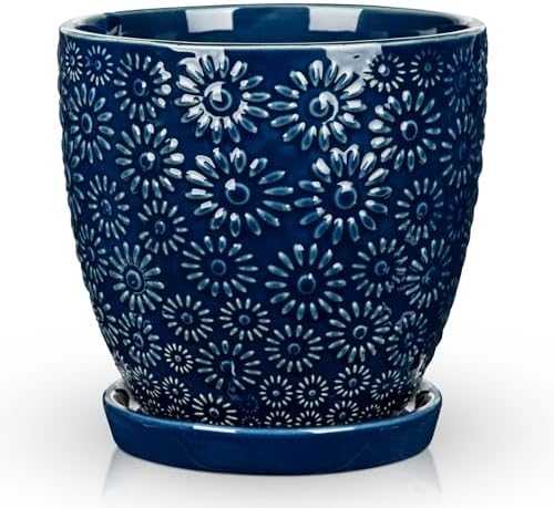 Hollyone 6 Inch Blue Ceramic Planter Flower Plant Pot with Drainage Hole and Saucer for Plants Embossed Indoor Outdoor Garden Embossed Ceramic Glazed Round Pot for Succulent Orchid Sunshine Pattern by Hollyone