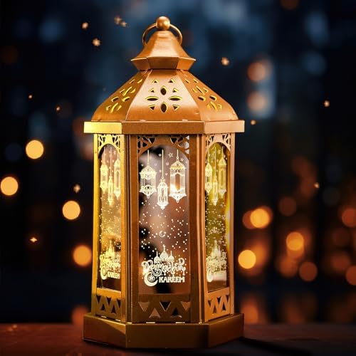 Large Ramadan Decorations for Home 11'' LED Eid Mubarak Candle Lantern Decorative Moon Star Hexagon Ramadan Lantern LED Vintage Metal Hanging Holder for Indoor Outdoor Tabletop Festival Party Decor by Glooglitter