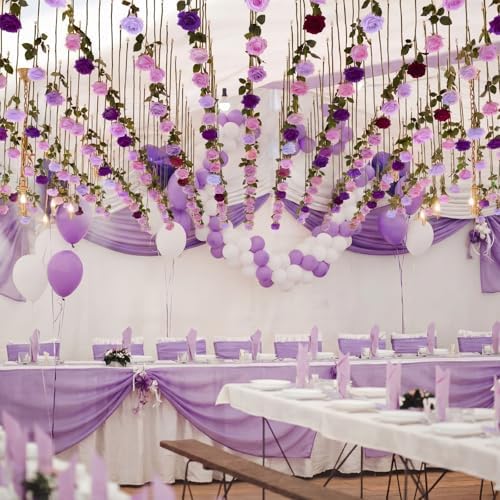 Lyrow 60 Pack Lavender Purple Artificial Flower Hanging Ornaments Purple Roses Floating Garland Moody Vintage Mauve Wedding Lilac Boho Cottagecore Ceiling Garland Bridal Shower Bouquet Table Decor - Image 2