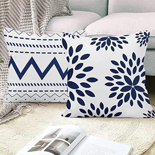 4 Pcs/Set Geometric Throw Pillow Covers Boho Home Sweet Home Decorative Minimalist Strips Plants Linen Pillow Cases for Outdoor Sofa Couch Decorative, 24"x24", Blue White - Image 3