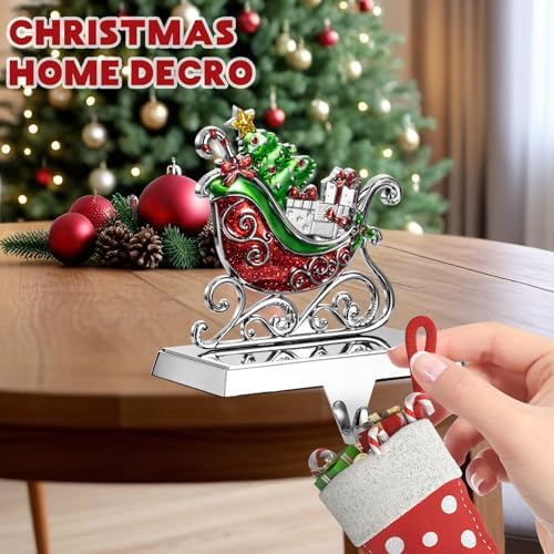 GUOER 3 Pack Christmas Stocking Holder Set for Mantle Christmas Decorations Mantle Fireplace Topper-House, Sleigh and Christmas Tree Hangers Decorative Metal Hanger - Image 6