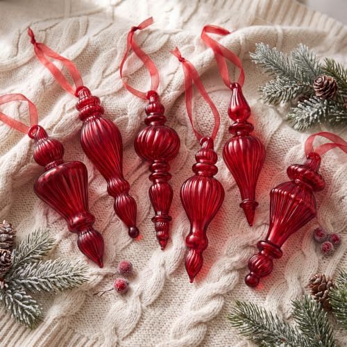 Sotiff 6Pcs Red Mercury Glass Christmas Ornaments,Vintage Finial Decoration - Image 2