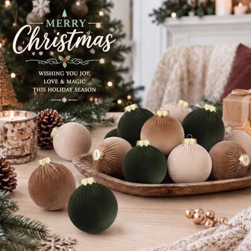 Simgoing 15 Pcs Neutral Velvet Christmas Ball Ornaments 3.15 Inch Brown Green Tan Polka Dot Flocked Xmas Ornaments with 10 Yards Velvet Ribbon Bauble Shatterproof Christmas Decoration for Holiday - Image 4