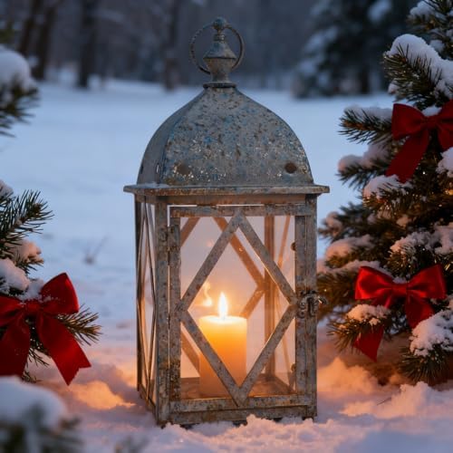 Vintage Metal Candle Lantern with Glass 17in Distressed Blue Rustic Large Farmhouse Hanging Candle Holder Lanterns for Indoor & Outdoor Front Porch Table Centerpiece Decor (Blue) - Image 5