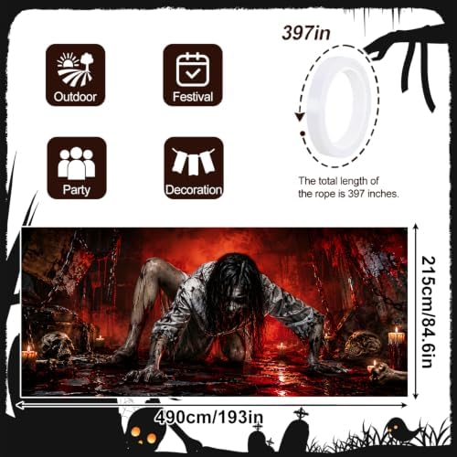 Gothic Horror Ghost Garage Door Banner 7x16ft, Bloody Zombie Girl Crawling Outdoor Decoration, Haunted House Secret Room Chain Double Garage Door Cover Tapestry Mural for House Front Holiday Decor - Image 2