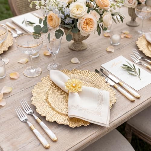 Dandat 48 Pcs Charger Plate Bulk 13'' Floral Reef Plates with Napkin Ring Plastic Dinner Charger Hollow Out Flower Napkin Holder Plastic Plate for Table Setting Wedding Party (Champagne Gold) - Image 5