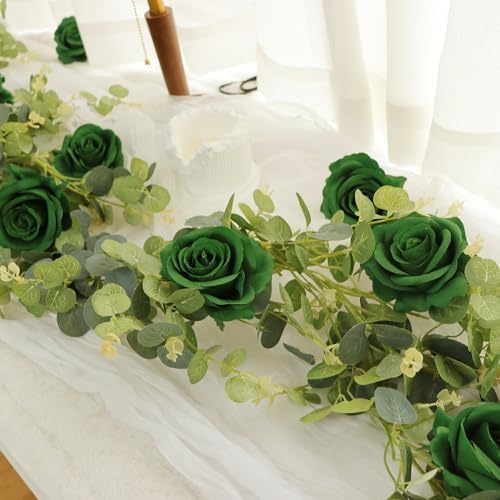 1 Pack Artificial Garland Eucalyptus Vine with 12 Roses for Home Decor Wedding Table Runner Centerpiece DIY Wreath Decor (Green) - Image 3