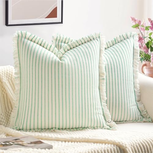 ZWJD Throw Pillow Covers 24x24 Set of 2 Green Striped Pillow Covers with Fringe Chic Cotton Decorative Pillows Square Cushion Covers for Sofa Couch Bed Living Room Farmhouse Home Decor by ZWJD