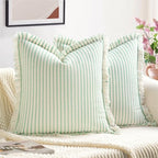 ZWJD Throw Pillow Covers 26x26 Set of 2 Green Striped Pillow Covers with Fringe Chic Cotton Decorative Pillows Square Cushion Covers for Sofa Couch Bed Living Room Farmhouse Spring Decor by ZWJD