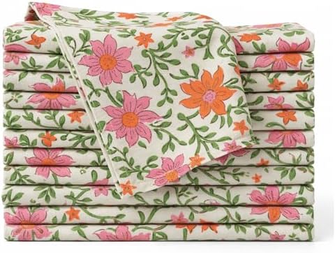 Floral Cloth Napkins Set of 12, Block Print Inspired 100% Cotton Dinner Napkins for Thanksgiving, Christmas & Fall Decor, Washable Reusable Wedding Table Linens, 18x18 Inch, Cream Floral by IVYHERITAGE