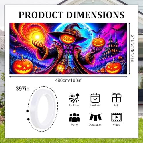 7x16ft Blacklight Halloween Garage Door Banner Decorations, Glow in The Dark Evil Pumpkin Wizard Castle Large Garage Door Cover Background, UV Reactive Halloween Outdoor Wall Backdrop Party Supplies - Image 2
