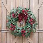 Christmas Olive Wreath for Front Door Christmas Red Berry Decoration, Winter Bowknot Leaves Wreath with Red Berry and Jingle Bell Farmhouse Front Door - Image 4