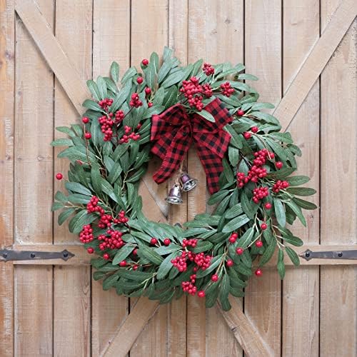 Christmas Olive Wreath for Front Door Christmas Red Berry Decoration, Winter Bowknot Leaves Wreath with Red Berry and Jingle Bell Farmhouse Front Door - Image 4