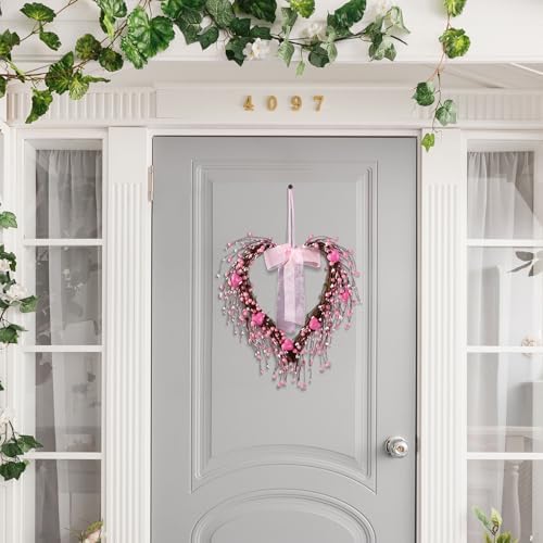 Glitzhome Valentine's Day Wreath 17" Heart Shaped Wreath with Pink Berry and Heart for Front Door Artificial Wreaths for Wedding Festival Anniversary Decor - Image 7