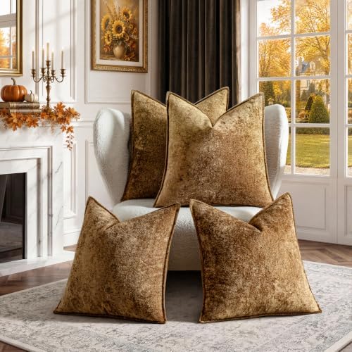a moment Throw Pillow Covers 26X26 Inch 4 Packs,Soft Velvet Decorative Pillow Cases with 3D Ice Flower,Texture Modern Accent Cushion Covers for Sofa Couch Home Decor Golden Brown - Image 6
