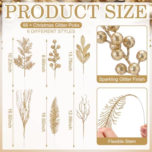 66 Pcs Light Gold Christmas Glitter Picks and Sprays - Image 3