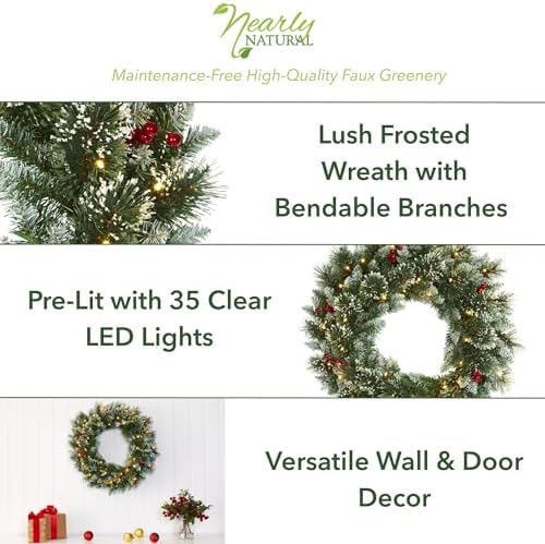 Nearly Natural 24in. Frosted Swiss Pine Artificial Wreath with 35 Clear LED Lights and Berries, Green, 5x24x24 - Image 5