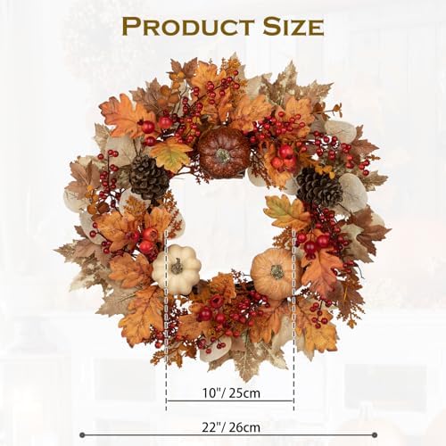 22" Artificial Fall Wreath for Front Door Autumn Harvest Wreath with Pumpkin Oak Maple Leaf Pine Cones Eucalyptus Berry for Halloween Thanksgiving Day Indoor Outdoor Farmhouse Window Wall Décor - Image 2
