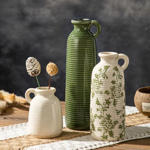 Vintage Chinoiserie Ceramic Vase Set of 3, Rustic Farmhouse Flower Vases by HappleCwlwgoHome
