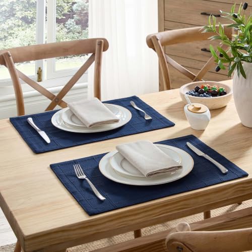 ZeeMart Linen Checked Farmhouse Placemats Set of 6, Navy Blue 13x19in - Image 2