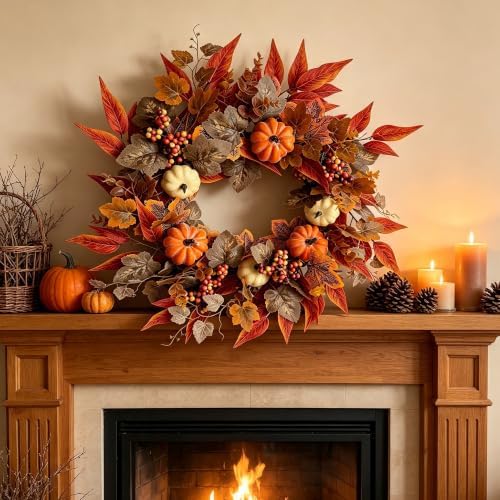 22-24 Inch Fall Wreaths for Front Door, Artificial Autumn Leaf Wreath Decor - Image 3