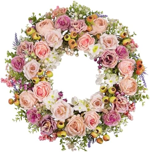 22 Inch Spring Summer Wreaths for Front Door, Vintage Pink Rose Floral Wreath with Pomegranate, Berries and Hydrangea, Lush Artificial Flowers Wreath for Home Decor, Easter by wwmira