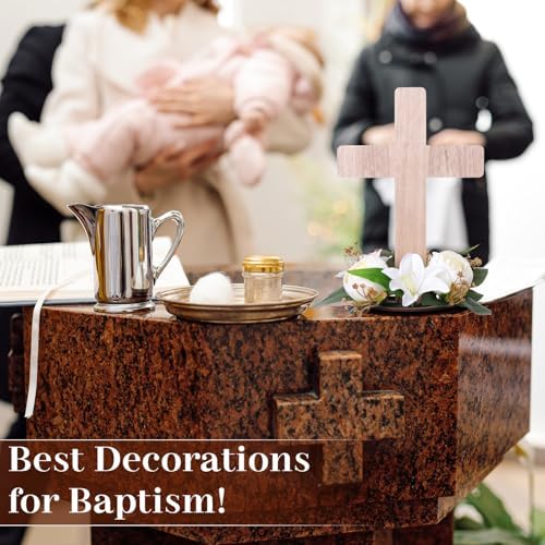 12 Sets Baptism Centerpieces Table Decorations First Communion Wooden Cross Ornament Set with Lily Candle Ring Wreath Purple Ribbon with Stands for Baptism Baby Shower Wedding (Wood) - Image 4