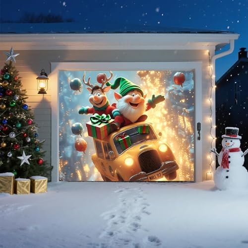 Christmas Garage Door Banner – Flying Elf & Reindeer in Festive Taxi with Gifts, UV Light-Responsive Yellow Glow, Large Outdoor Holiday Mural for Porch & Living Room,8 x 7ft/2.4 x 2.1m - Image 6