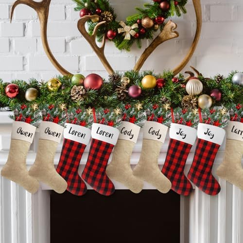 Tatuo 12 Pack Christmas Burlap Stockings Hanging,Light Brown, Red Black - Image 2