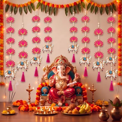 8 Pcs Indian Pichwai Style Diwali Hanging Decor, Hot Pink Lotus with Cow by DoubleFill