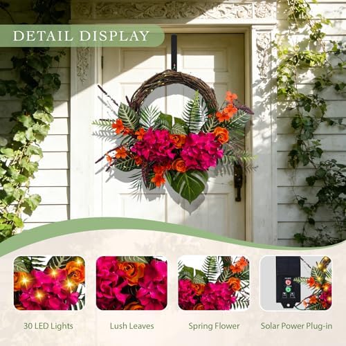 Solar Spring Wreath 24 inchWreath for Front Door Pre-lit 50LED Spring Decorations for Outside Flower Basket Summer Decor Wreath for Wall Festival Holiday Farmhouse Decor(2406) - Image 2