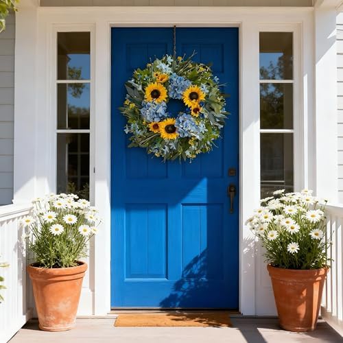 HipTree 24 Inch Spring Summer Wreath for Front Door,Hydrangeas Sunflowers - Image 5
