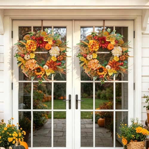 24" Artificial Harvest Fall Wreaths for Front Door with Peony & Pumpkins - Image 6